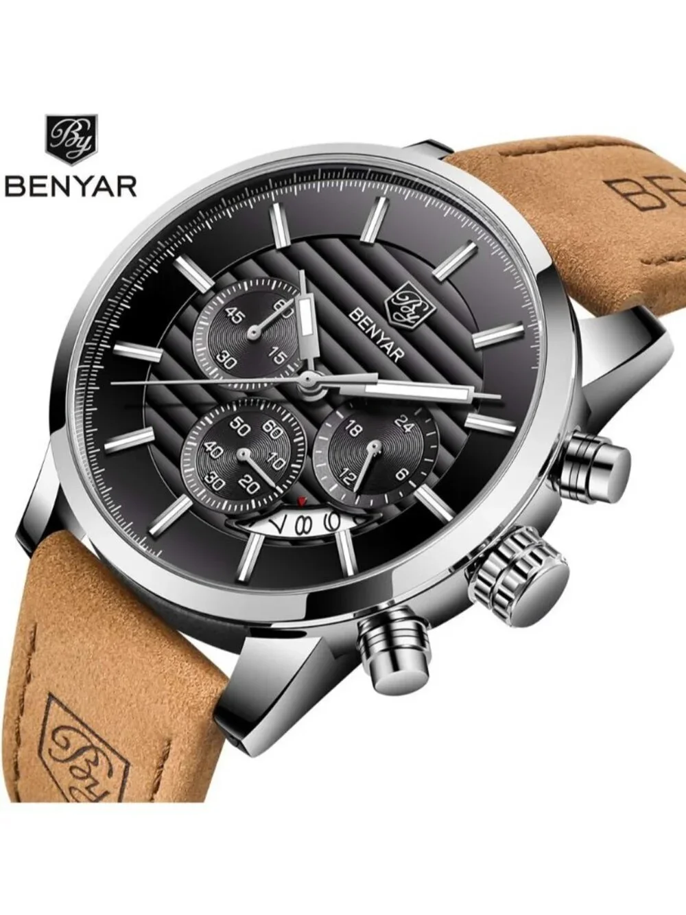 Men's Brown Black Analog Quartz Leather Strap Chronograph Waterproof Wrist Watch